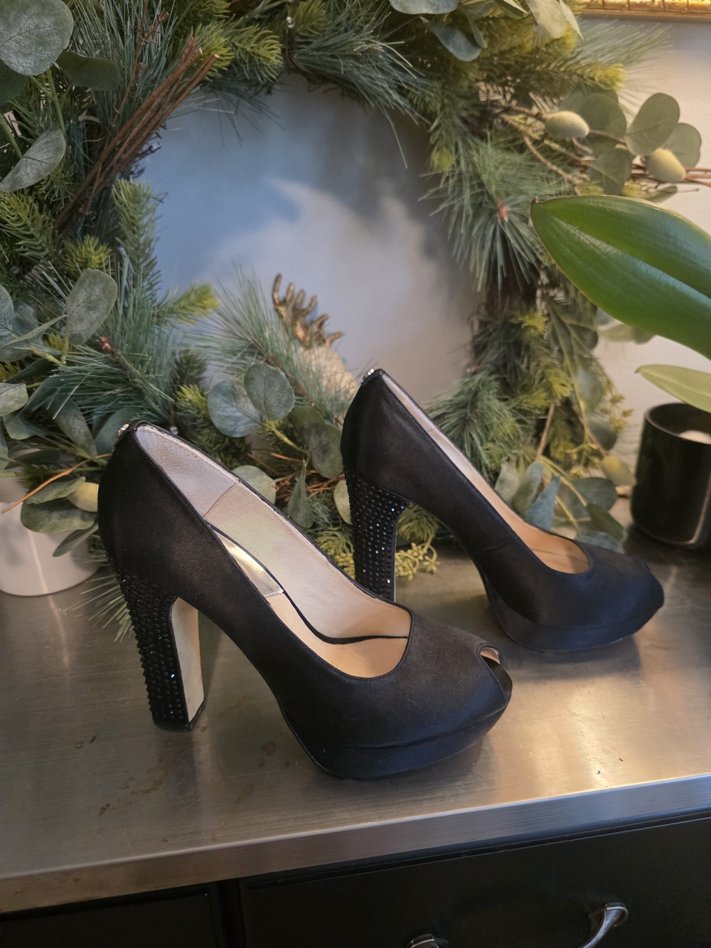 Michael Kors Black Peep-Toe Platform Heels with Embellished Block Heel